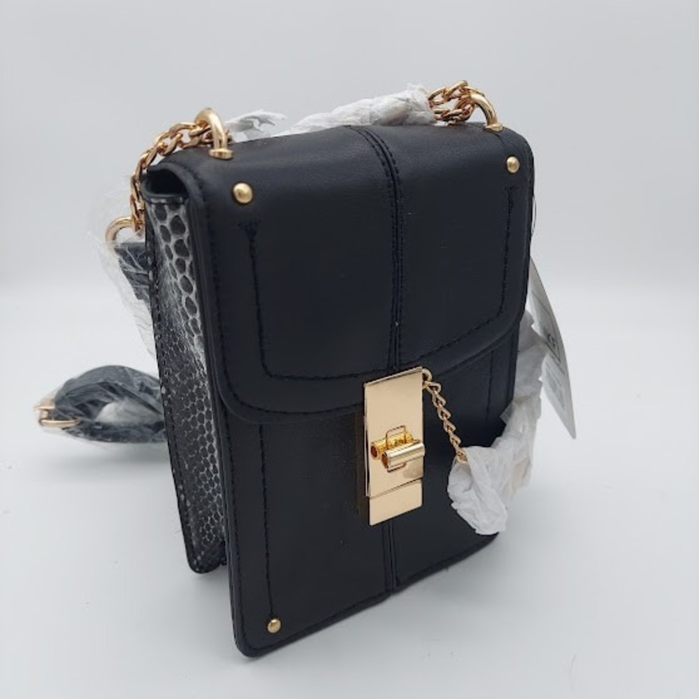 Mia K. Collection‎ Black Vegan Leather Snakeskin Crossbody Bag Gold Hardware NEW
